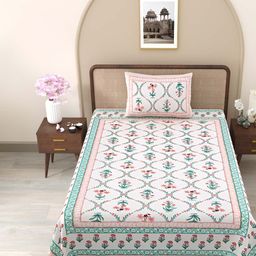 Jinaya's Pink & Multicoloured Floral 210 TC Single Bedsheet with 1 Pillow Covers-image-96
