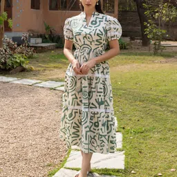 FIORRA Women Abstract Print Puff Sleeve Fit and Flare Midi Dress-picture-18