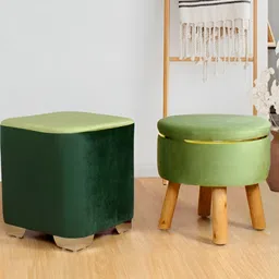 Shadowkart Set Of 2 Green & Brown Wooden Velvet Ottomans-1