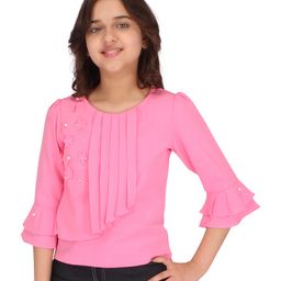 Cutecumber Three Fourth Sleeves Pearls & Flowers Embellished Top - Pink-image-75