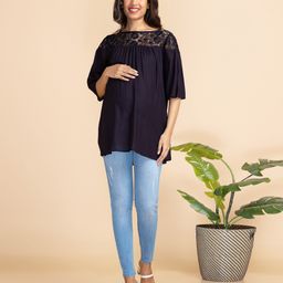 Bella Mama Three Fourth Sleeves Woven Lace Yoke Maternity Top - Navy Blue-picture-22