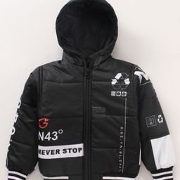 Little Kangaroos Full Sleeves Quilted Hooded Bomber Jacket Text Print - Black-image-73