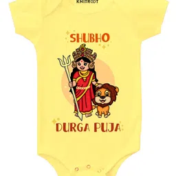KNITROOT Navratri Theme Half Sleeves Shubho Durga Puja Lion Printed Onesie - Yellow-picture-22