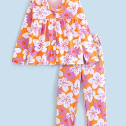 Honeyhap Premium 100% Cotton Knit Full Sleeves Pyjama Sets with Bio Finish Floral Print - Blazing Orange-image-13