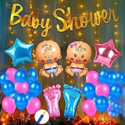 Bubble Trouble Baby Shower Combo Decorations Set 50 Pcs Baby Shower Balloon Latex Star Foil Balloon Baby with Foil Curtain for Maternity Hand Balloon Pump for Maternity Pregnancy Photoshoot-7