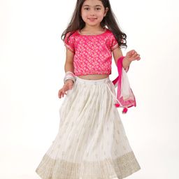 Babyhug Woven Half Sleeves Sequenced Brocade Choli With Foil Printed Lehenga & Dupatta Set - Off White & Fuschia-image-43