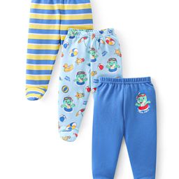 Babyhug 100% Cotton Knit Footed Bootie Leggings Stripes & Dino Print Pack of 3- Multicolour-image-12