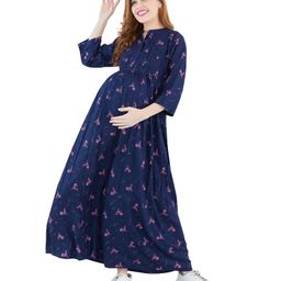 Lovely Mom's Three Fourth Sleeves Flower Printed A Line Long Dress With Concealed Zipper Nursing Access - Blue-28