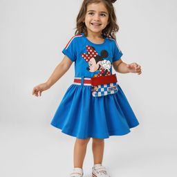 Babyhug Disney Cotton Half Sleeves Frock with Fanny Pack & Minnie Mouse Print - Blue-image-60