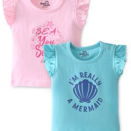 Doodle Poodle 100% Cotton Frill Sleeves Sea Shells & Text Printed T-Shirts Pack of 2 - Pink & Blue-image-44