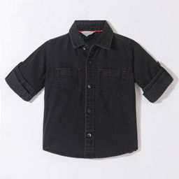 INFINITY Cotton Woven Full Sleeves Solid Denim Shirt - Black-image-7