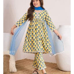 Pspeaches Pure Cotton Three Fourth Sleeves  Floral Motif Printed & Gota Lace Embellished   Kurta Pant With Dupatta  -  Yellow-image-60
