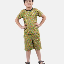 Kiddopanti Cotton Jersey Knit Half Sleeves Mushroom Printed Tee And Shorts - Dull Green-picture-42