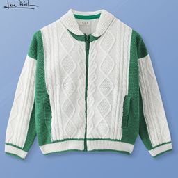 Arias Knitted Full Sleeves Collar Neck Front Open Sweater with Cable Knit Design - White-image-93
