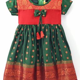 Bhartiya Paridhan Silk Woven Half Sleeves Ethnic Dress with Zari Work & Bow Applique - Green-image-23