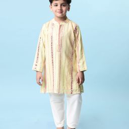 Babyhug Woven Full Sleeves Sequin Embroidered Kurta Pyjama Set - Lime-image-69