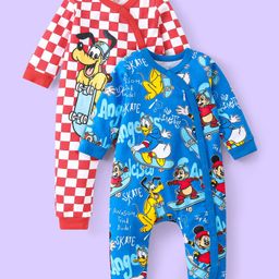 Babyhug Disney Interlock Knit Full Sleeves Rompers with Mickey Mouse & Friends Graphics Pack of 2 - Red & Blue-image-24