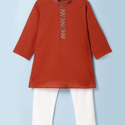 Exclusive from Jaipur Cotton Woven Full Sleeves Soild Kurta & Pyjama Set - Red-image-14