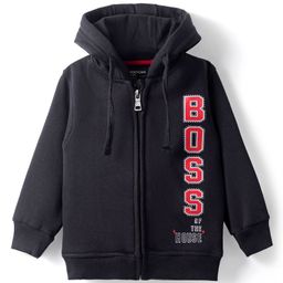 Bodycare Fleece Knit Full Sleeves Hooded Sweatjacket with Text Print - Black-picture-19