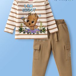 Babyoye Marvel Cotton Knit Full Sleeves T-Shirt & Lounge Pant Set With Groot Graphics & Pocket Detailing - Brown-image-63