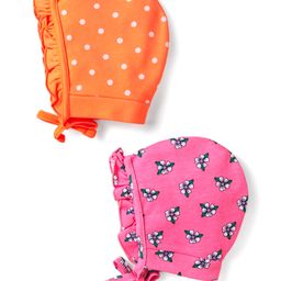 Babyhug Interlock Knit Caps With Floral & Polka Dot Print Pack of 2 - Dark Pink & Orange-image-9