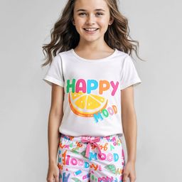 Pine Kids Single Jersey Knit Half Sleeves Shorts Night Suit with Happy Mood Text Print - White-image-62