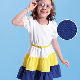 Hola Bonita Knit Half Sleeves Dress With Cut & Sew Design - White Yellow & Navy Blue-image-62