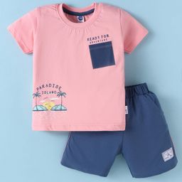 Teddy Sinker Knit Half Sleeves T-Shirt & Shorts Set With Island Print - Pink-image-11