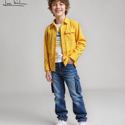 Arias Cotton Knit Full Sleeves Shirt & Denim Jeans with Inner Tee & Text Print - Yellow & Blue-image-46