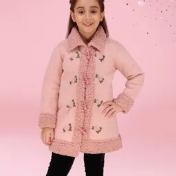 Cutecumber Full Sleeves Fur Detailed Floral Patch Embroidered Jacket - Dusty Pink-picture-1