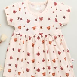 BUMZEE Cotton Knit Half Sleeves Frock with Teddy Print - Peach-picture-6