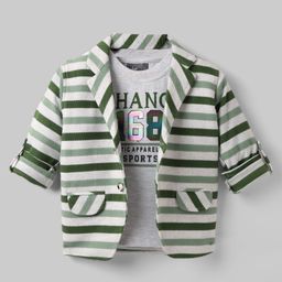 Dapper Dudes Full Sleeves Striped Blazer With Typographic Printed Tee - Green-image-88