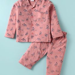 Mini Taurus Knitted Full Sleeves Co-ords Night Suit With Bird Print - Light Red-image-89