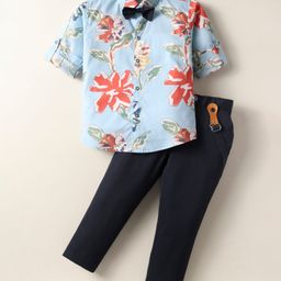 Rikidoos Full Sleeves Floral Printed Shirt With Pant Suspender & Bow Set - Sky & Navy Blue-picture-27