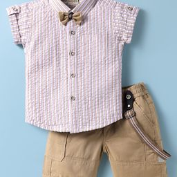 Dapper Dudes Half Sleeves Striped Shirt & Shorts With Bow & Suspender Set - Fawn-image-96