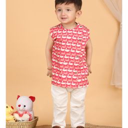 Polka Tots Cotton Sleeveless Swans Printed Jhabla & Pant Set - Pink-image-91
