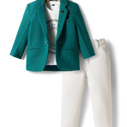 Dapper Dudes Full Sleeves Striped Textured Blazer With Typography Printed Tee & Pant Set - Peacock Green-picture-30