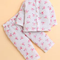 Polka Tots Cotton Woven Full Sleeves Palmingos Printed Jhabla & Coordinating Pant Set - White & Pink-picture-37