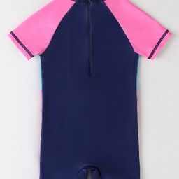 Mark & Mia Half Raglan Sleeves Printed Legged Swimsuit With Fish Print & Color Block Design - Navy Blue image 2