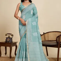all about you Floral Printed Zari Pure Linen Saree With Blouse-picture-39