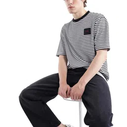 RARE RABBIT Men Striped Round Neck Cotton Oversized T-shirt-image-58