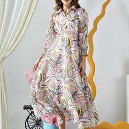 Genzy Women Printed Shirt Collar Puff Sleeves Fit and Flare Midi Dress-image-13