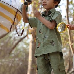 Funny Bones Boys Trails & Tent Embroidered Linen Shirt With Trouser-image-88