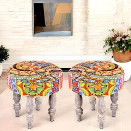 Ikiriya 2-Pcs Green & Pink Wooden Stools with Printed Kantha Cushion-28