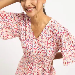 SALT ATTIRE Women Floral Printed Puff Sleeve Crepe Fit & Flare Midi Dress-29