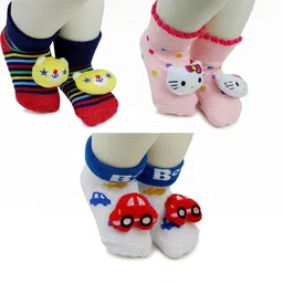NESKA MODA Kids-Unisex Set Of 3 Ankle Length Cotton Socks-11