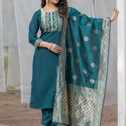 NIZA FASHION Ethnic Motifs Yoke Design Jacquard Straight Kurta With Trousers & Dupatta-picture-17