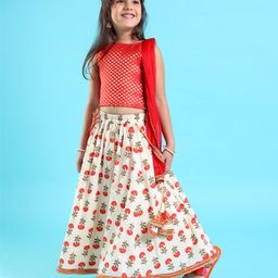 Babyhug Sleeveless Choli With Motif Print Lehenga and Netted Dupatta - Red Beige-picture-38