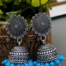 JEWELOPIA Silver-Plated Artificial Beaded Oxidised Dome Shaped Jhumkas-30