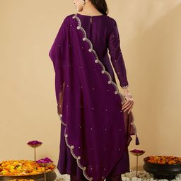 MOKOSH Women Floral Embroidered Regular Sequinned Kurta with Trousers & With Dupatta image 3